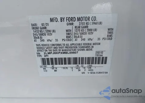 2021 Lincoln Nautilus Reserve z USA, uszkodzony, nr VIN 2LMPJ8KPXMBL09807